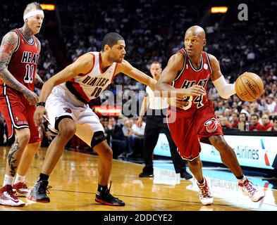 NO FILM, NO VIDEO, NO TV, NO DOCUMENTARY - Miami Heat guard Ray Allen, right, works past Portland Trail Blazers defennder Nicolas Batum in the first half at the American Airlines Arena in Miami, Florida, Tuesday, February 12, 2013. The Heat beat the Blazer, 117-104. Photo by Pedro Portal/El Nuevo Herald/MCT/ABACAPRESS.COM Stock Photo