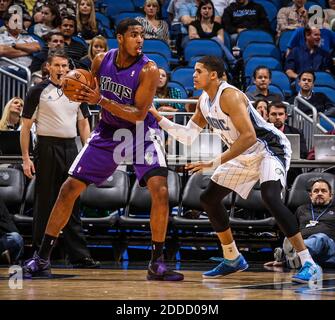 NO FILM, NO VIDEO, NO TV, NO DOCUMENTARY - The Orlando Magic's Tobias Harris (12) covers the Sacramento Kings' Jason Thompson (34) during first-quarter action at Amway Center in Orlando, FL, USA on February 27, 2013. Sacramento topped Orlando, 125-101. Photo by Joshua C. Cruey/Orlando Sentinel/MCT/ABACAPRESS.COM Stock Photo