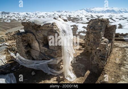 NO FILM, NO VIDEO, NO TV, NO DOCUMENTARY - Undated. A stupa and other structures are seen at a mountaintop Buddhist monastery on the Mes Aynak site in Afghanistan. The plastic was to protect them from winter rains and snow. Photo by Matthew C. Rains/MCT/ABACAPRESS.COM Stock Photo