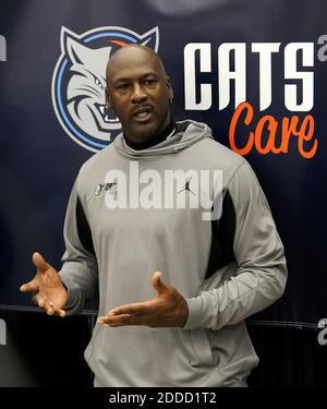 NO FILM, NO VIDEO, NO TV, NO DOCUMENTARY - Charlotte Bobcats team owner Michael Jordan explains the importance of contributing to the community during a press conference at West Charlotte High School in Charlotte, NC, USA on March 21, 2013. Photo by Jeff Siner/Charlotte Observer/MCT/ABACAPRESS.COM Stock Photo