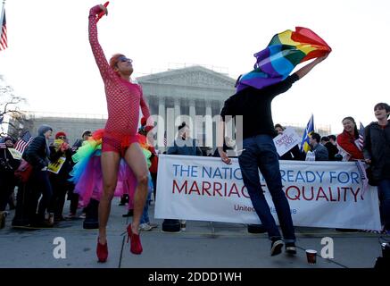 NO FILM, NO VIDEO, NO TV, NO DOCUMENTARY - Qween Amar, of Orlando, Florida, left, dances as demonstrators gather as arguments are heard on California's Proposition 8 concerning gay marriage, outside the U.S. Supreme Court in Washington, DC, USA, on Tuesday, March 26, 2013. Photo by Molly Riley/MCT/ABACAPRESS.COM Stock Photo
