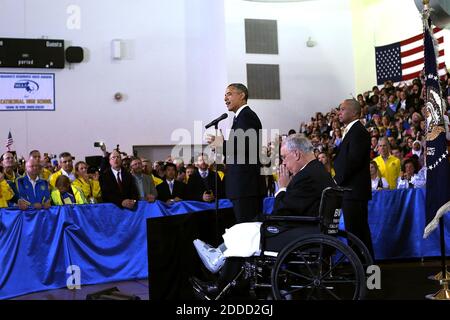 NO FILM, NO VIDEO, NO TV, NO DOCUMENTARY - President Barack Obama speaks on stage at Cathedral High School with Boston Mayor Thomas Menino, center, and Massachusetts Gov. Deval Patrick after attending an interfaith prayer service for victims of the Boston Marathon attack titled 'Healing Our City,' at the Cathedral of the Holy Cross, Thursday, April 18, 2013 in Boston, Massachusetts, USA. Pool photo by MCT/ABACAPRESS.COM Stock Photo