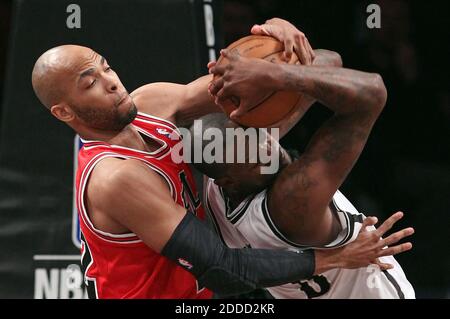 NO FILM, NO VIDEO, NO TV, NO DOCUMENTARY - The Chicago Bulls' Taj Gibson, left, battles for the ball with Andray Blatche of the Brooklyn Nets, in the second quarter of Game 7 in the Eastern Conference first-round playoff series at the Barclays Center in Brooklyn, New York City, NY, USA on Saturday, May 4, 2013. The Bulls defeated the Nets 99-93 and advance to the second round of the playoffs. Photo. by John J. Kim/Chicago Tribune/MCT/ABACAPRESS.COM Stock Photo