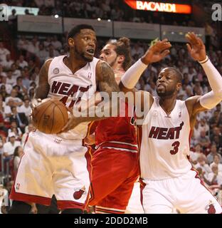 NO FILM, NO VIDEO, NO TV, NO DOCUMENTARY - Miami Heat forward Udonis Haslem recovers a rebound during first-quarter action in the NBA Eastern Conference playoffs at the AmericanAirlines Arena in Miami, FL, USA on May 6, 2013. Photo by Hector Gabino/El Nuevo Herald/MCT/ABACAPRESS.COM Stock Photo