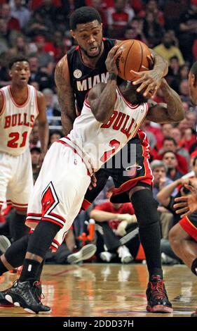 NO FILM, NO VIDEO, NO TV, NO DOCUMENTARY - Miami Heat's Udonis Haslem blocks Chicago Bulls' Nate Robinson during the first quarter in Game 4 of the NBA Eastern Conference playoffs at the United Center in Chicago, IL, USA on May 13, 2013. Photo by Charles Trainor Jr./Miami Herald/MCT/ABACAPRESS.COM Stock Photo