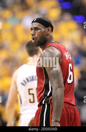 NO FILM, NO VIDEO, NO TV, NO DOCUMENTARY - The Miami Heat's LeBron James reacts during the start of the second quarter against the Indiana Pacers in Game 6 of the Eastern Conference Finals at Bankers Life Fieldhouse in Indianapolis, IN, USA on June 1, 2013. Photo by Al Diaz/Miami Herald/MCT/ABACAPRESS.COM Stock Photo