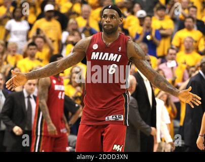 NO FILM, NO VIDEO, NO TV, NO DOCUMENTARY - The Miami Heat's LeBron James reacts as time runs out on a 91-77 loss to the Indiana Pacers in Game 6 of the Eastern Conference Finals at Bankers Life Fieldhouse in Indianapolis, IN, USA on June 1, 2013. Indiana won, 91-77, to force a Game 7. Photo by Charles Trainor Jr./Miami Herald/MCT/ABACAPRESS.COM Stock Photo