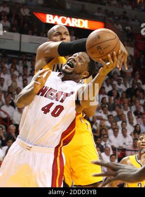 NO FILM, NO VIDEO, NO TV, NO DOCUMENTARY - Miami Heat power forward Udonis Haslem (40) gets fouled by Indiana Pacers power forward David West (21) during the first quarter in Game 7 of the NBA Eastern Conference Finals, at AmericanAirlines Arena in Miami, Florida, USA on Monday, June 3, 2013. Photo by Hector Gabino/El Nuevo Herald/MCT/ABACAPRESS.COM Stock Photo