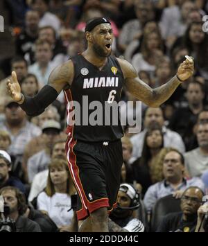 NO FILM, NO VIDEO, NO TV, NO DOCUMENTARY - The Miami Heat's LeBron James reacts to a foul called on teammate Dwyane Wade during the second quarter of Game 4 of the NBA Finals against the San Antonio Spurs at the AT&T Center in San Antonio, Texas, on Thursday, June 13, 2013. Photo by Michael Laughlin/Sun Sentinel/MCT/ABACAPRESS.COM Stock Photo