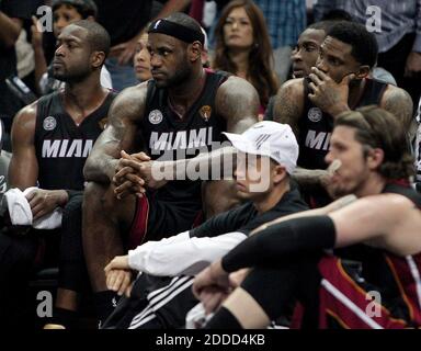 NO FILM, NO VIDEO, NO TV, NO DOCUMENTARY - From left, Miami Heat guard Dwyane Wade, forward LeBron James, forward Udonis Haslem, and forward Mike Miller during the fourth quarter in Game 5 of the NBA Finals against the San Antonio Spurs at the AT&T Center in San Antonio, TX, USA on June 16, 2013. Photo by David Santiago/El Nuevo Herald/MCT/ABACAPRESS.COM Stock Photo