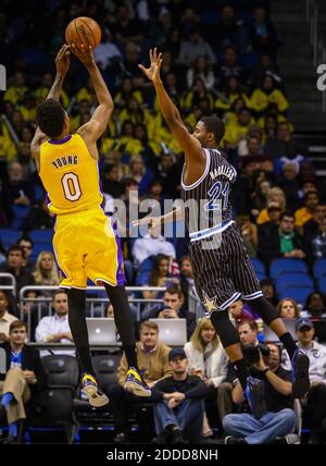NO FILM, NO VIDEO, NO TV, NO DOCUMENTARY - The Los Angeles Lakers' Nick Young (0) shoots over the Orlando Magic's Maurice Harkless (21) during second-quarter action at Amway Center in Orlando, FL, USA on January 24, 2014. Photo by Joshua C. Cruey/Orlando Sentinel/MCT/ABACAPRESS.COM Stock Photo