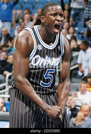 NO FILM, NO VIDEO, NO TV, NO DOCUMENTARY - Orlando Magic guard Victor Oladipo screams in celebration after a slam dunk against the Charlotte Bobcats at the Amway Center in Orlando, FL, USA on January 17, 2014. Photo by Stephen M. Dowell/Orlando Sentinel/MCT/ABACAPRESS.COM Stock Photo