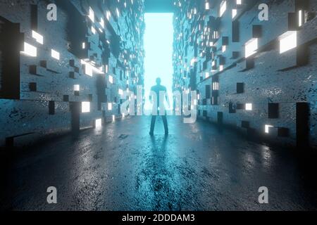 Silhouette of a man standing in a dark room lit by bright light. 3d ...