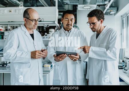 Team of scientist using digital tablet while standing at laboratory Stock Photo