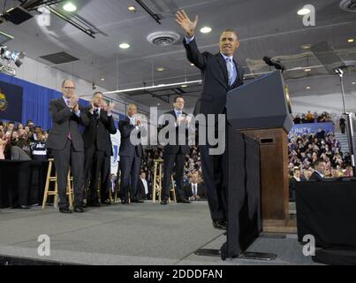 NO FILM, NO VIDEO, NO TV, NO DOCUMENTARY - From left, Tom Perex, Sec. of Labor, Vermont Gov. Peter Shumlin, Rhode Island Gov. Lincoln Chafee, Massachusetts Gov. Deval Patrick,and Gov. Dannel P. Malloy, applaud as President Barack Obama, acknowledges the crowds applause at Central Connecticut State University in New Britain, CT, USA, on Wednesday, March 5, 2014. Photo by Richard Messina/Hartford Courant/MCT/ABACAPRESS.COM Stock Photo