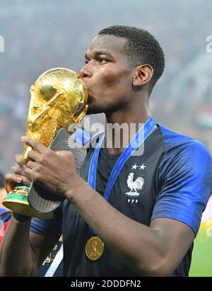 France's Paul Pogba kisses the trophy after winning 4-2 the 2018 FIFA World cup final football match France v Croatia at Luzhniki stadium in Moscow, Russia on July 15, 2018. Photo by Christian Liewig/ABACAPRESS.COM Stock Photo