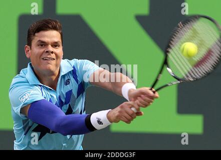 NO FILM, NO VIDEO, NO TV, NO DOCUMENTARY - Canada's Milos Raonic returns a ball to Spain's Rafael during the Sony Open tennis tournament in Key Biscayne, FL, USA on March 27, 2014. Photo by Pedro Portal/El Nuevo Herald/MCT/ABACAPRESS.COM Stock Photo