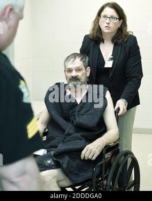 NO FILM, NO VIDEO, NO TV, NO DOCUMENTARY - Frazier Glenn Cross, Jr., also known as F. Glenn Miller, appears at his arraignment on capital murder and first-degree murder charges in New Century, Kan., on Tuesday, April 15, 2014. Miller is charged with three shooting deaths at Jewish locations in Overland Park on Sunday, April 13th. With him is Michelle Durrett, attorney with the public defender's office. Photo by David Eulitt/Kansas City Star/MCT/ABACAPRESS.COM Stock Photo