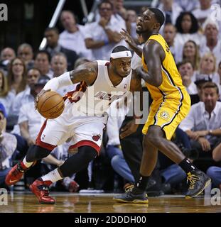 NO FILM, NO VIDEO, NO TV, NO DOCUMENTARY - The Miami Heat's LeBron James drives against the Indiana Pacers' Lance Stephenson, right, in the second quarter in Game 3 of the Eastern Conference Finals at AmericanAirlines Arena in Miami on Saturday, May 24, 2014. Photo by Al Diaz/Miami Herald/MCT/ABACAPRESS.COM Stock Photo