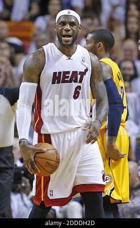 NO FILM, NO VIDEO, NO TV, NO DOCUMENTARY - The Miami Heat's LeBron James reacts to a call in the second quarter against the Indiana Pacers during Game 6 of the Eastern Conference Finals at the American Airlines Arena in Miami on Friday, May 30, 2014. Photo by Al Diaz/Miami Herald/MCT/ABACAPRESS.COM Stock Photo