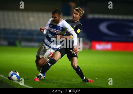 London, UK. 24th Nov, 2020. Dominic Ball (12) of Queens Park Rangers in action with Trevor Clarke (18) of Rotherham United during the EFL Skybet Championship match, Queens Park Rangers v Rotherham Utd at The Kiyan Prince Foundation Stadium, Loftus Road in London on Tuesday 24th November 2020. this image may only be used for Editorial purposes. Editorial use only, license required for commercial use. No use in betting, games or a single club/league/player publications. pic by Tom Smeeth/Andrew Orchard sports photography/Alamy Live news Credit: Andrew Orchard sports photography/Alamy Live News Stock Photo