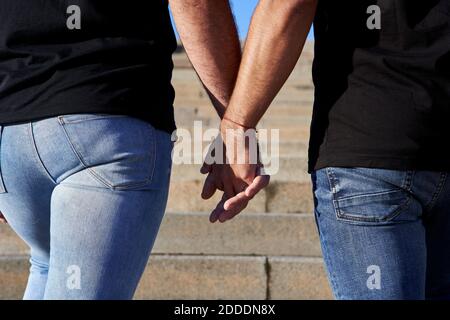 Gay couple holding hands while standing on steps Stock Photo