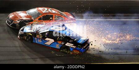 NO FILM, NO VIDEO, NO TV, NO DOCUMENTARY - Alex Bowman (7) collides with Jeb Burton (26) during Duel #2 at Daytona International Speedway in Daytona Beach, FL, USA on February 19, 2015. Photo by Joe Burbank/Orlando Sentinel/TNS/ABACAPRESS.COM Stock Photo