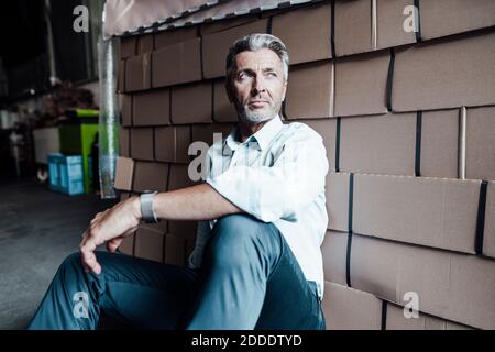 Thoughtful mature businessman leaning on boxes in factory Stock Photo