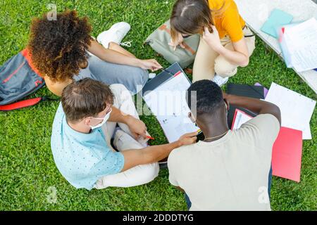 Students sitting on grass while studying together in university campus Stock Photo
