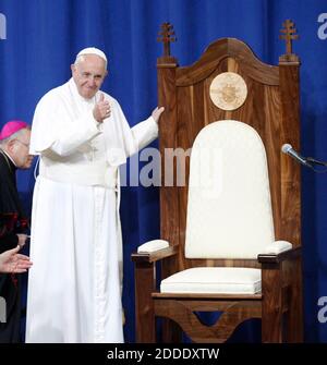 NO FILM, NO VIDEO, NO TV, NO DOCUMENTARY - Pope Francis gives a thumbs up as he looks at the special chair inmates made for him during his visit to Curran-Fromhold Correctional Facility in Philadelphia, PA, USA on Sunday, September 27, 2015. Photo by Charles Fox/Philadelphia Inquirer/TNS/ABACAPRESS.COM Stock Photo