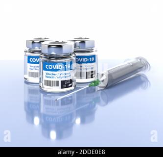 Vaccination against Corona Virus SARS-CoV-2 / Covid-19: Three bottles with 10 doses each and a syringe. The word vaccination in English, Spanish, Fren Stock Photo