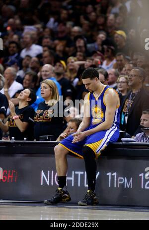 NO FILM, NO VIDEO, NO TV, NO DOCUMENTARY - Golden State Warriors' Klay Thompson (11) sits on the scorer's table during the fourth quarter on Sunday, June 19, 2016, at Oracle Arena in Oakland, CA, USA. Photo by Nhat V. Meyer/Bay Area News Group/TNS/ABACAPRESS.COM Stock Photo