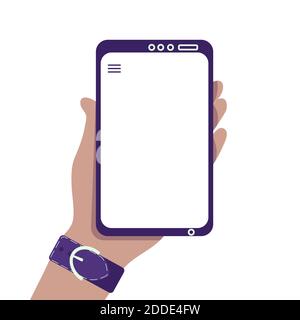 Hand holding smartphone with empty screen. Touch Screen mockup illustration for advertising, application. Flat isolated vector with copy space for text or image. Template mobile app info example. Vector illustration Stock Vector