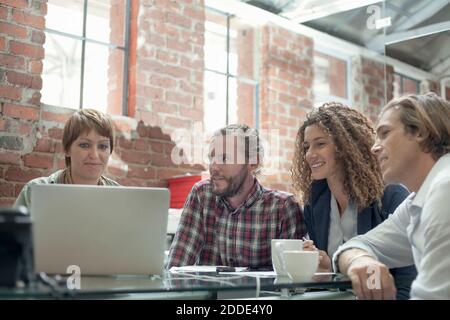 Team using laptop while working at office Stock Photo