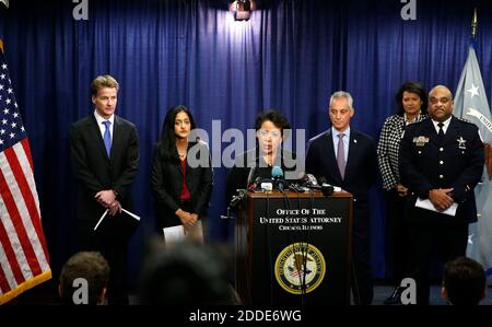 NO FILM, NO VIDEO, NO TV, NO DOCUMENTARY - U.S. Attorney Zachary T. Fardon of the Northern District of Illinois; Principal Deputy Assistant Attorney General Vanita Gupta, head of the Justice Department's Civil Rights Division; Attorney General Loretta E. Lynch; Chicago Mayor Rahm Emanuel; and Superintendent Eddie T. Johnson of the Chicago Police Department hold a press conference Friday, Jan. 13, 2017, on the Justice Department's findings from the investigation into the Chicago Police Department in Chicago, IL, USA. Photo byJose Osorio/Chicago Tribune/TNS/ABACAPRESS.COM Stock Photo