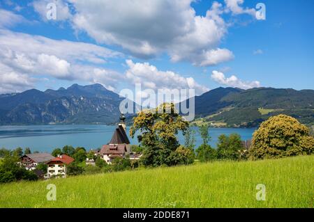 Austria, Upper Austria, Steinbach am Attersee, Rural town on shore of Lake Atter in summer Stock Photo