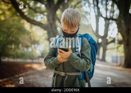 Boy text messaging on smart phone wearing protective face mask while standing in public park Stock Photo