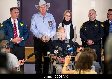 NO FILM, NO VIDEO, NO TV, NO DOCUMENTARY - Texas Gov. Greg Abbott addresses members of the media about the mass shooting at the First Baptist Church during a press conference in Stockdale, Texas, on Sunday, Nov. 5, 2017. Abbott confirmed 26 people died in the shooting, the most in Texas' modern-day history. Texas gunman Devin Kelley's in-laws attended church he shot up, but weren't there during the melee. Photo by Nick Wagner/Austin American-Statesman/TNS/ABACAPRESS.COM Stock Photo
