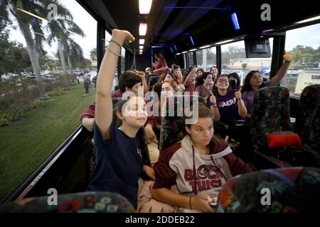 NO FILM, NO VIDEO, NO TV, NO DOCUMENTARY - Julia Salomone, 18, and her sister Lindsey, 15, both students at Marjory Stoneman Douglas, join their classmates in a cheer as they leave Coral Springs on a bus headed to Tallahassee, FL, USA on Tuesday, February 20, 2018. Students plan to meet Florida legislators on Wednesday to discuss gun control. Photo by Susan Stocker/Sun Sentinel/TNS/ABACAPRESS.COM Stock Photo