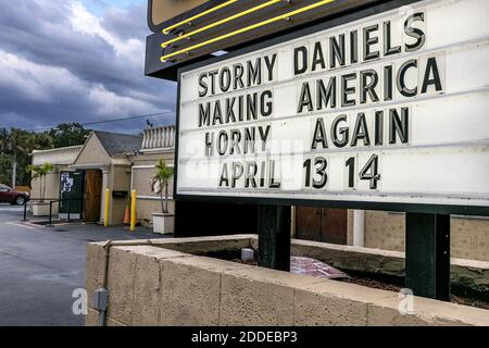 NO FILM, NO VIDEO, NO TV, NO DOCUMENTARY - Adult film actress Stormy Daniels has her name on the Ultra Gentlemen's Club marquee on Congress Avenue announcing her scheduled performances across the street from the hedges and tree-lined Trump International Golf Club, right, on Tuesday, April 10, 2018 in West Palm Beach, FL, USA. Photo by Greg Lovett/Palm Beach Post/TNS/ABACAPRESS.COM Stock Photo