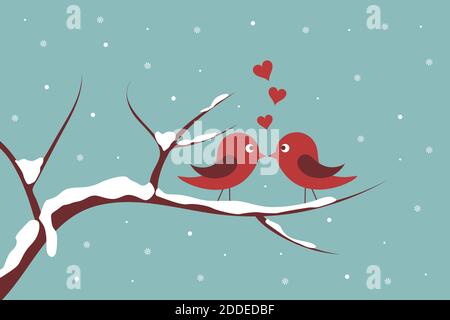 Cute birds in love on branches covered with snow. Love and winter concept Stock Vector