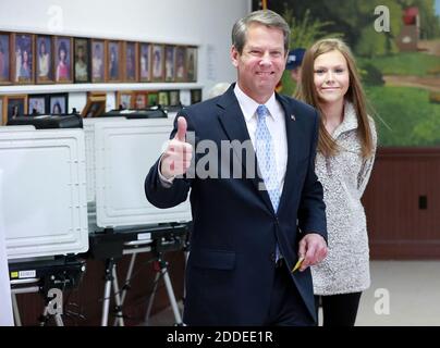 NO FILM, NO VIDEO, NO TV, NO DOCUMENTARY - Secretary of State Brian Kemp, Republican candidate for Georgia governor, gives the thumbs up while voting at the Winterville Train Depot with his daughter Amy Porter and other family members on Tuesday, Nov. 6, 2018, in Winterville, Ga. Photo by Curtis Compton/Atlanta Journal-Constitution/TNS/ABACAPRESS.COM Stock Photo