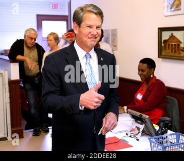 NO FILM, NO VIDEO, NO TV, NO DOCUMENTARY - Secretary of State Brian Kemp, Republican candidate for Georgia governor, gives the thumbs up as he arrives to cast his vote at the Winterville Train Depot on Tuesday, Nov. 6, 2018, in Winterville, Ga. Photo by Curtis Compton/Atlanta Journal-Constitution/TNS/ABACAPRESS.COM Stock Photo