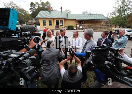 NO FILM, NO VIDEO, NO TV, NO DOCUMENTARY - Secretary of State Brian Kemp, Republican candidate for Georgia governor, is surrounded by news media while taking questions after casting his vote at the Winterville Train Depot on Tuesday, Nov. 6, 2018, in Winterville, Ga. Photo by Curtis Compton/Atlanta Journal-Constitution/TNS/ABACAPRESS.COM Stock Photo