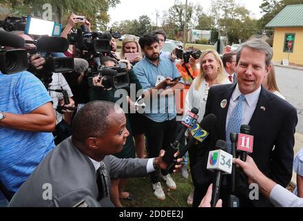 NO FILM, NO VIDEO, NO TV, NO DOCUMENTARY - Secretary of State Brian Kemp, Republican candidate for Georgia governor, takes questions from the news media after casting his vote at the Winterville Train Depot on Tuesday, Nov. 6, 2018, in Winterville, Ga. Photo by Curtis Compton/Atlanta Journal-Constitution/TNS/ABACAPRESS.COM Stock Photo