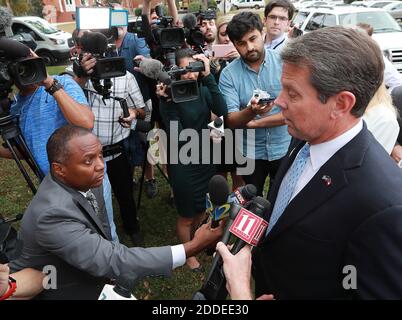 NO FILM, NO VIDEO, NO TV, NO DOCUMENTARY - Secretary of State Brian Kemp, Republican candidate for Georgia governor, takes questions from the news media after casting his vote at the Winterville Train Depot on Tuesday, Nov. 6, 2018, in Winterville, Ga. Photo by Curtis Compton/Atlanta Journal-Constitution/TNS/ABACAPRESS.COM Stock Photo