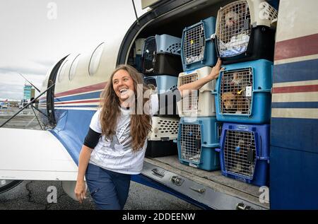 NO FILM, NO VIDEO, NO TV, NO DOCUMENTARY - Pilot Angela Keeling of Bend, Ore. wedges the last crate of small breed shelter dogs into the cargo area of a Pilatus TC12 turbo prop plane to be transported to Michigan, at Fresno-Yosemite International Airport on Thursday February 14, 2019 in Fresno, CA, USA. Photo by Craig Kohlruss/Fresno Bee/TNS/ABACAPRESS.COM Stock Photo