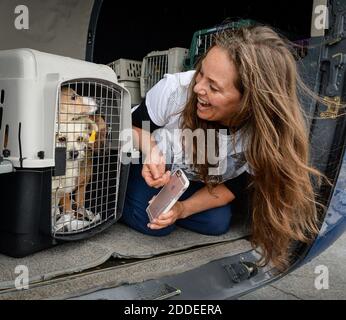 NO FILM, NO VIDEO, NO TV, NO DOCUMENTARY - Pilot Angela Keeling of Bend, Ore. looks at a crate with small breed shelter dogs as they are loaded onto a Pilatus TC12 turbo prop plane to be transported to Michigan, at Fresno-Yosemite International Airport on Thursday February 14, 2019 in Fresno, CA, USA. Keeling and her husband Kale Garcia are working with Wings of Rescue and GreaterGood.org as pilots of the plane. Photo by Craig Kohlruss/Fresno Bee/TNS/ABACAPRESS.COM Stock Photo