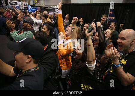 NO FILM, NO VIDEO, NO TV, NO DOCUMENTARY - Star Wars fans look up at the screens to view and cheer as the new Star Wars trailer plays on the screen during the Star Wars Celebration, at McCormick Place in Chicago, IL, USA on Friday, April 12, 2019. Photo by Antonio Perez/Chicago Tribune/TNS/ABACAPRESS.COM Stock Photo