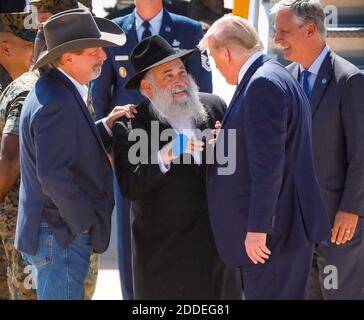 NO FILM, NO VIDEO, NO TV, NO DOCUMENTARY - President Donald Trump is greeted by Poway Mayor Steve Vaus, left, and Rabbi Yisroel Goldstein, center, of Congregation Chabad of Poway after arriving at Marine Corps Air Station Miramar for a San Diego visit, on Wednesday, September 18, 2019 in San Diego, Calif. The rabbi was shot by a gunman who attacked the congregation in April, on the last day of Passover, and one member of the congregation, Lori Gilbert-Kaye was killed, and others injured. Photo by Howard Lipin/San Diego Union-Tribune/TNS/ABACAPRESS.COM Stock Photo